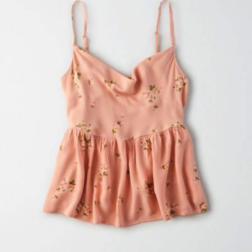 American Eagle women’s L drape neck peach pink babydoll tank top shirt floral